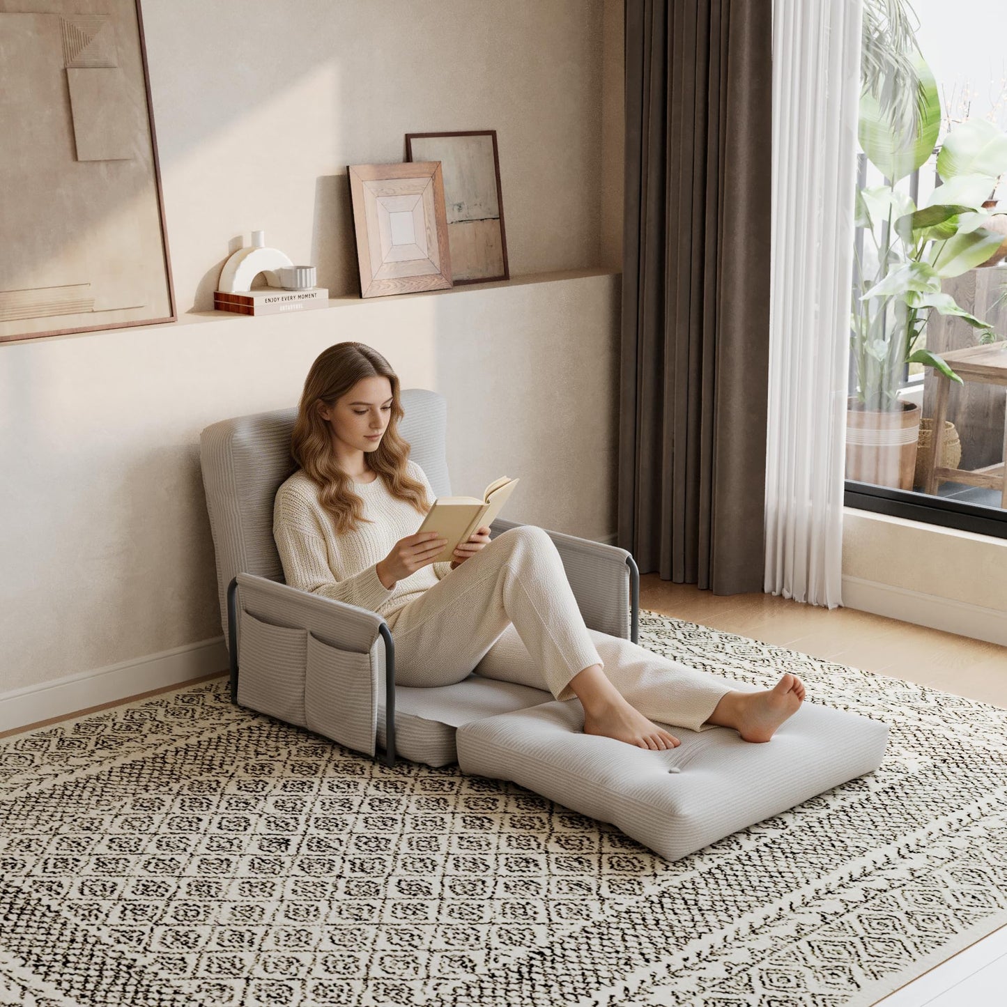 ALAULM Modern Two-Seater Folding Sofa Bed Convertible Sleeper Couch with Pillows, Storage Side, Versatile Floor Couch for Living Room Bedroom, White | Foldable, Comfortable, Multiple Usage