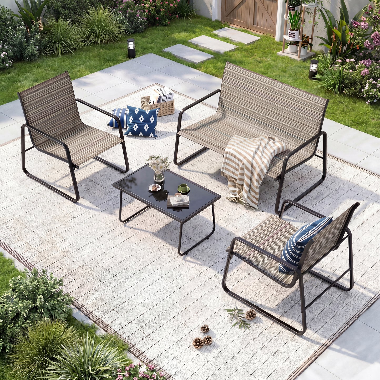 Gotland 4-Piece Outdoor Patio Furniture Set, Wicker Rattan Chairs & Sofa with Cushions and Glass Coffee Table, Conversation Set for Backyard, Lawn, Porch, Pool, Garden,Khaki