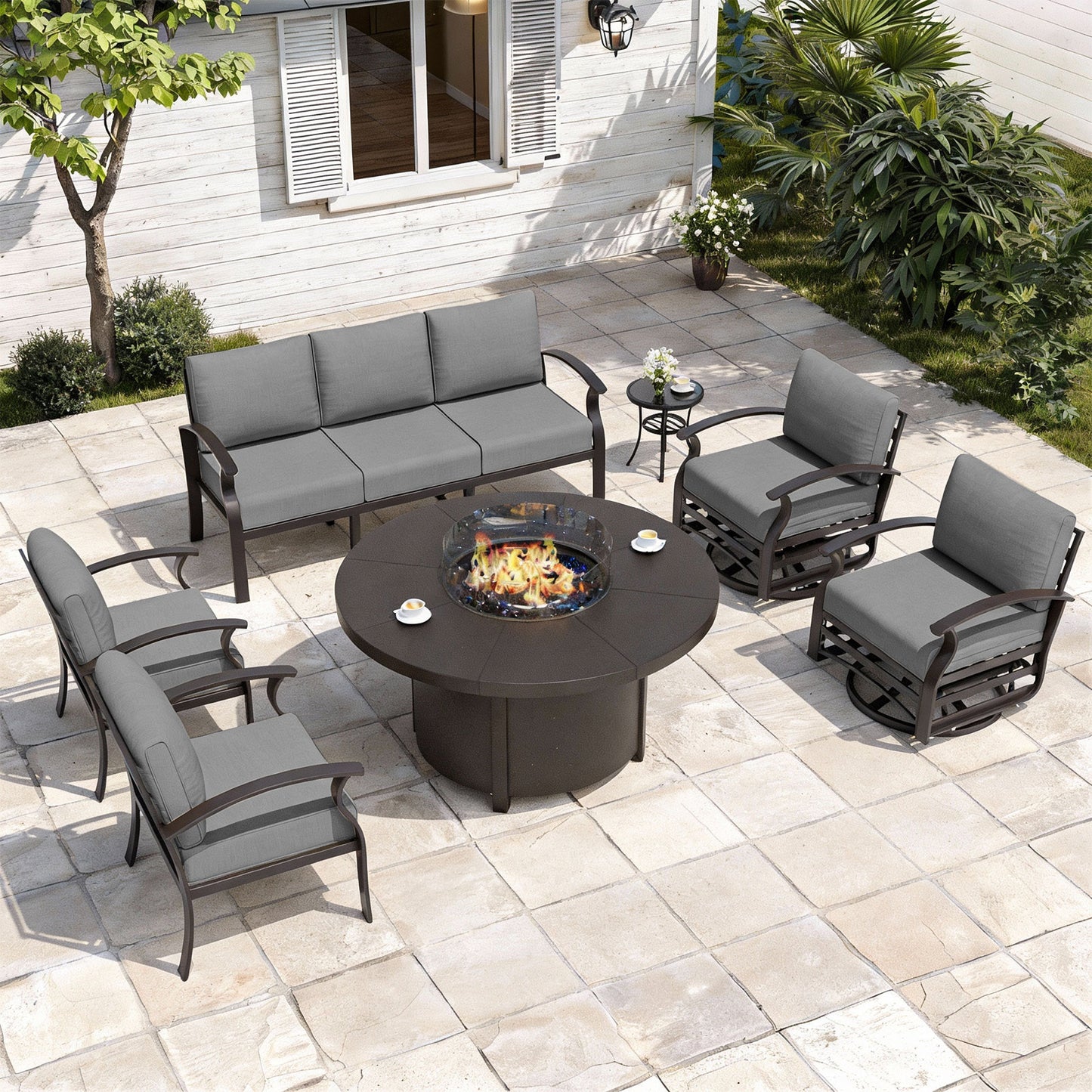 ALAULM Aluminium Patio Furniture Set with Swivel Chairs, 7-Seater Metal Outdoor Furniture Patio Sectional Sofas Patio Conversation Set with 2 swivel chairs For Patio, Backyard, Poolside