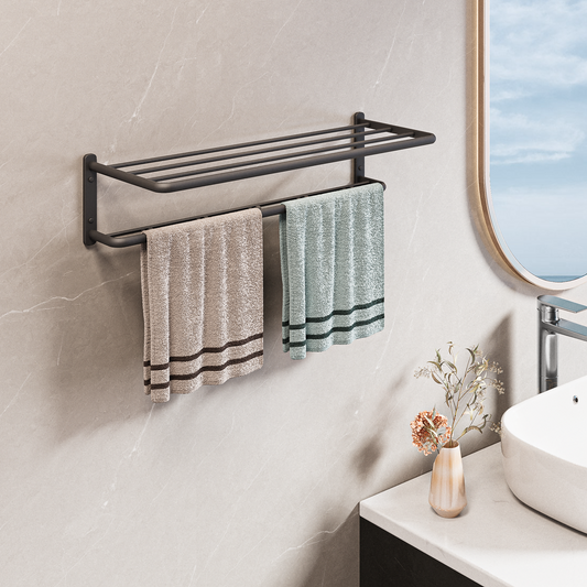 ALAULM Aluminum Alloy Bathroom Towel Shelf with Double Bars, 21" Double Towel Shelf for Bathroom, Wall Mounted Towel Holder, Towel Rod Towel Rail Hanger for Wall, Kitchen