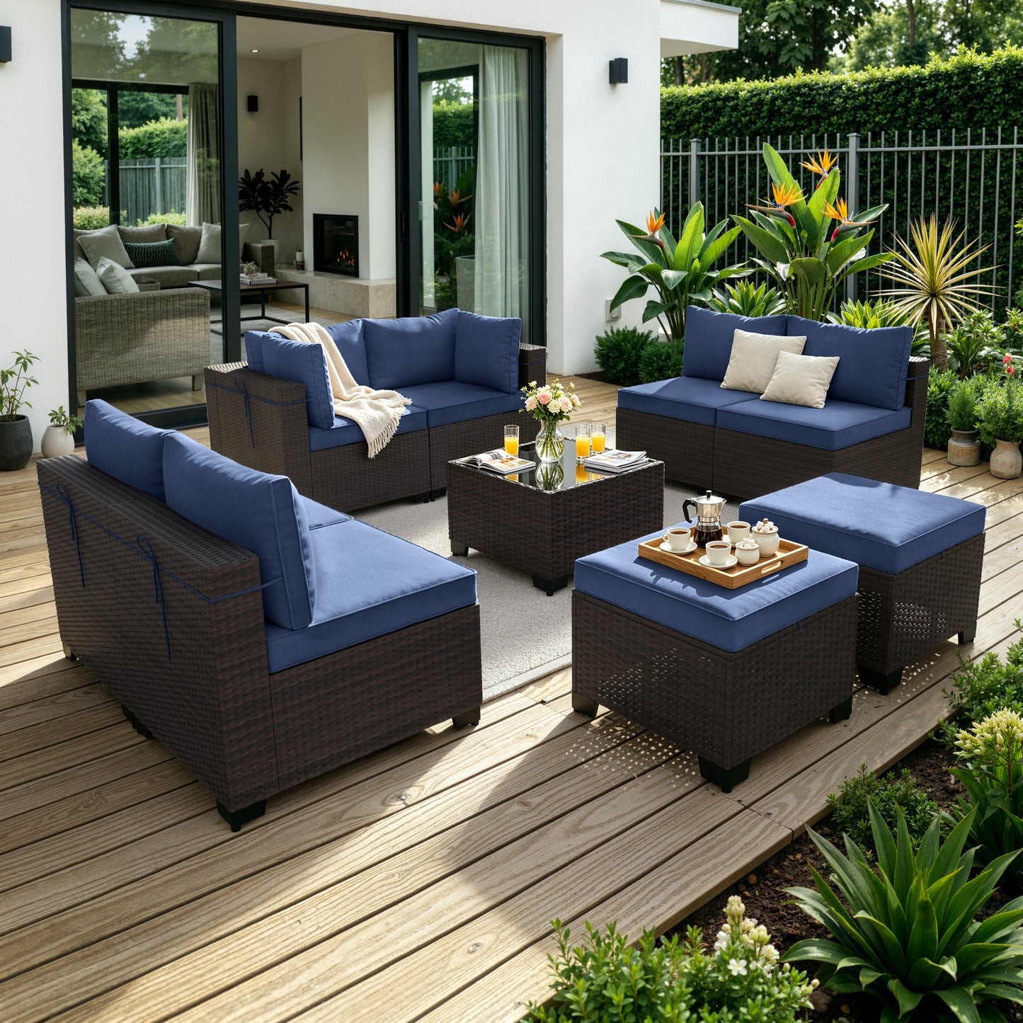 ALAULM 9PCS Outdoor Conversation Set, Thick Backrest Patio PE Rattan Wicker Sectional Sofas with Ottoman for Backyard, Porch, Sand
