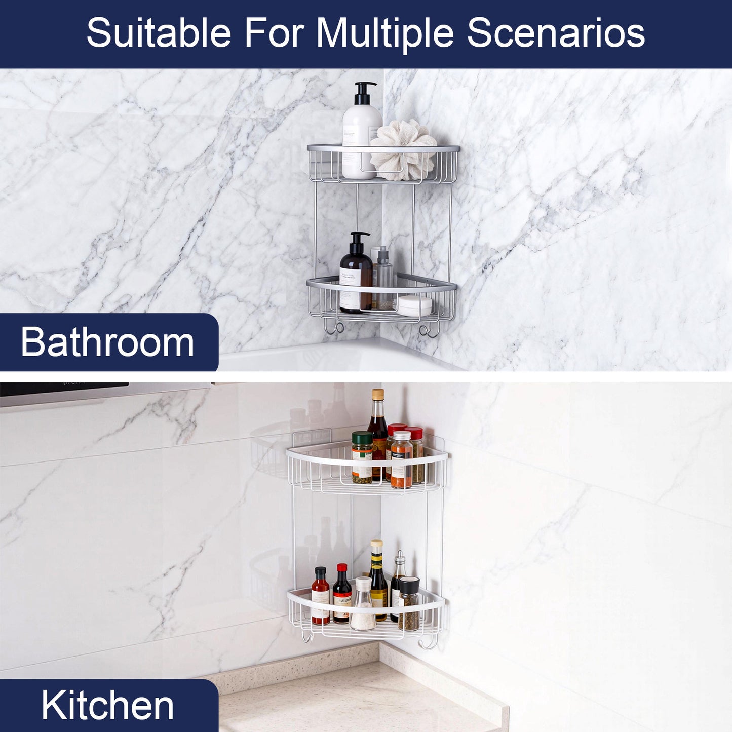 ALAULM Aluminum Alloy Wall-Mounted Shower Corner Rack Triangular Storage Caddy for Bathroom,Matte Silver