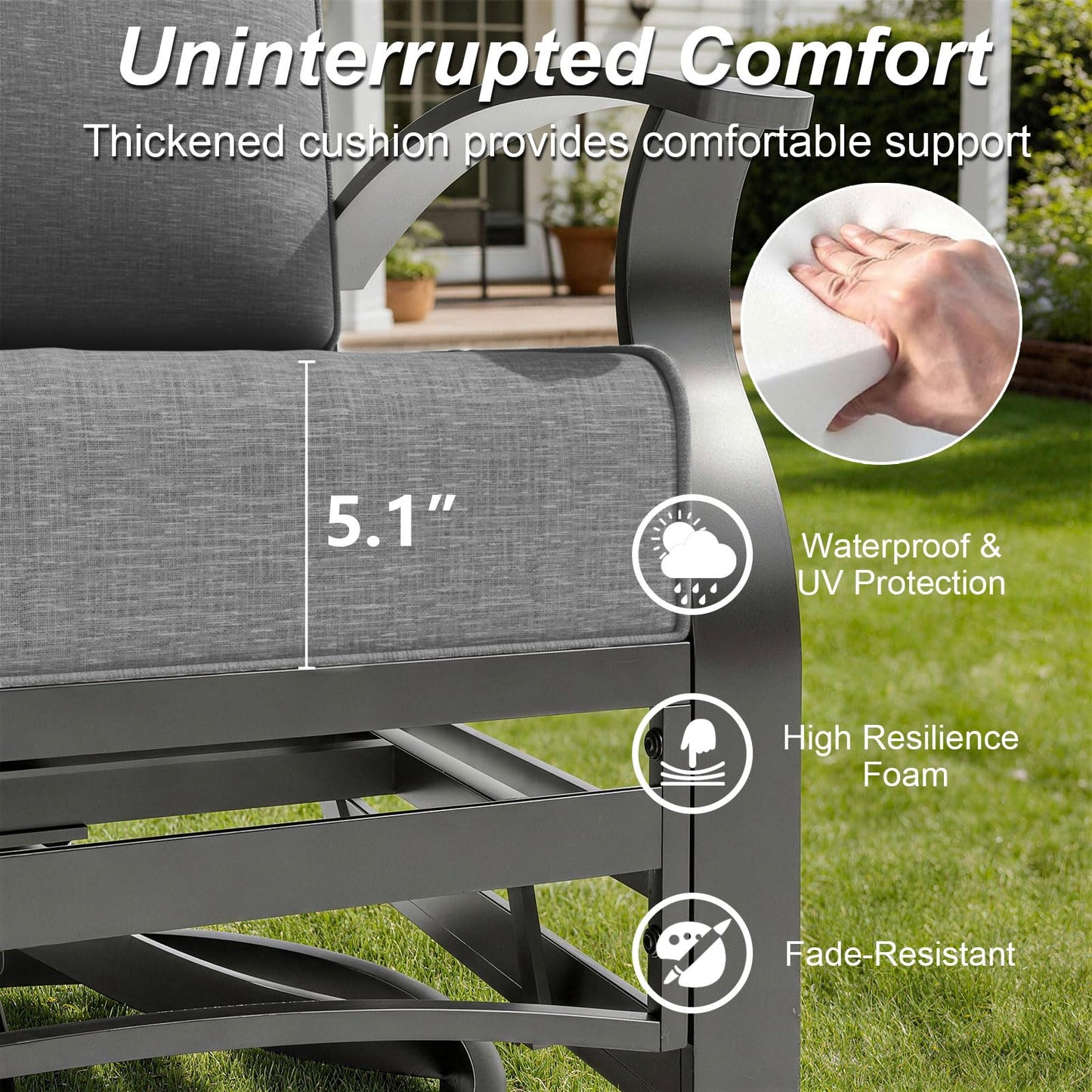 ALAULM 3 Pieces Patio Furniture Set, 2 Aluminum Outdoor Swivel Rocking Chairs with 5.1" Padded Removable Cushions & 1 Tempered Glass Coffee Table for Backyard Lawn Porch