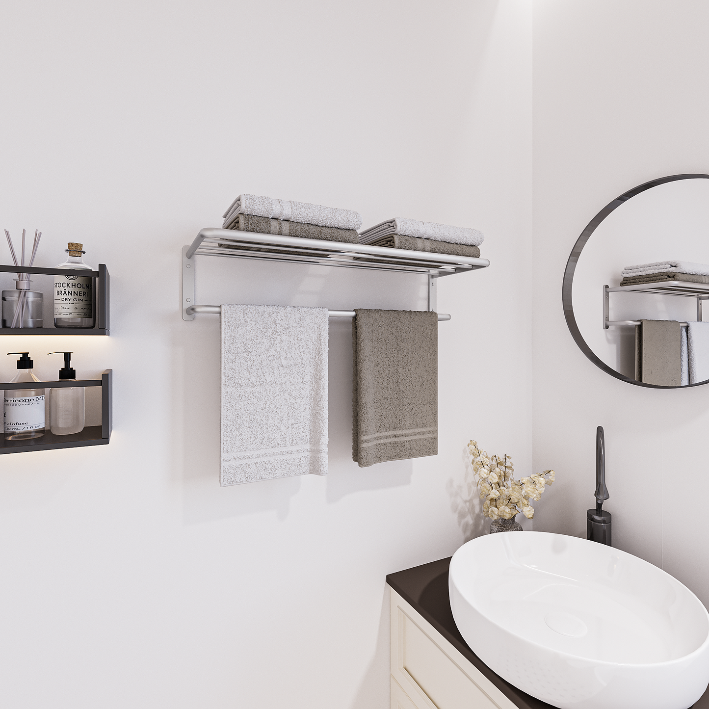 ALAULM Aluminum Alloy Bathroom Towel Shelf with Double Bars, 21" Double Towel Shelf for Bathroom, Wall Mounted Towel Holder, Towel Rod Towel Rail Hanger for Wall, Kitchen