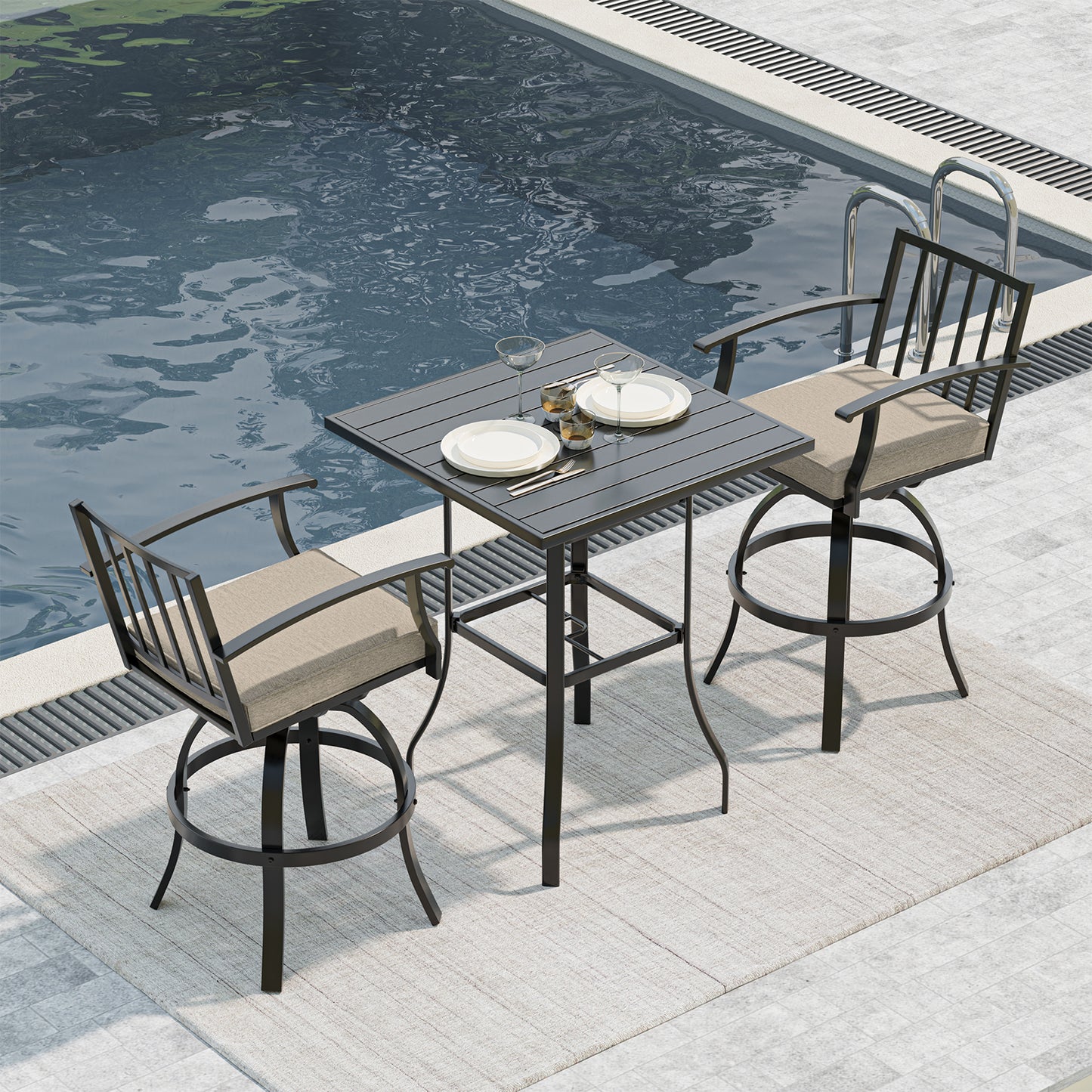 Gotland 3 Pieces Outdoor Swivel Bar Stools Set, All Weather Metal High Top Bistro Set Bar Height Table,High Top Bistro Stools with Sturdy Framewith 2 Chairs for Deck Lawn Garden,Sand