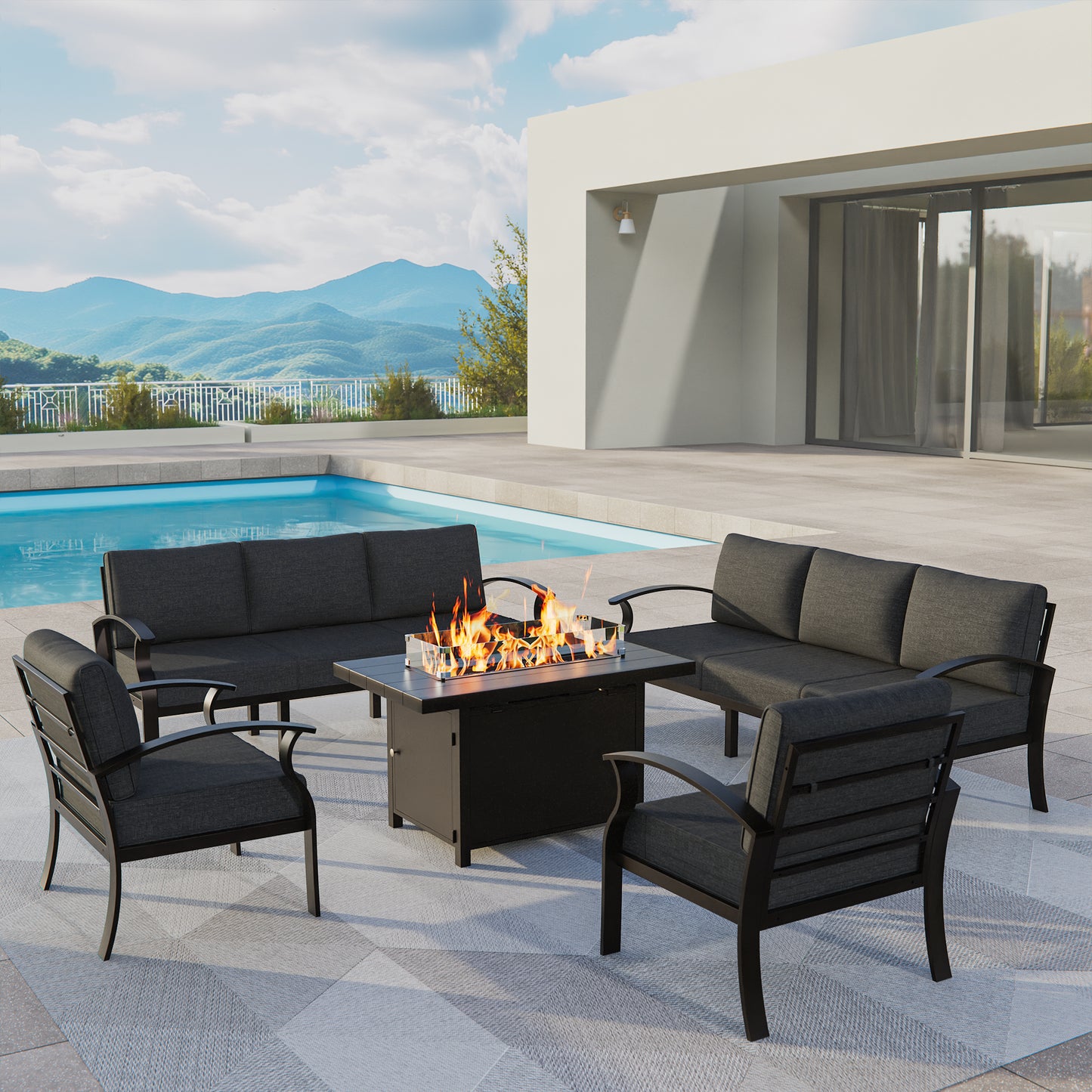 ALAULM Aluminum Patio Furniture Set with Propane Fire Pit Table 8-seat Metal Outdoor Furniture w/Fire Pit