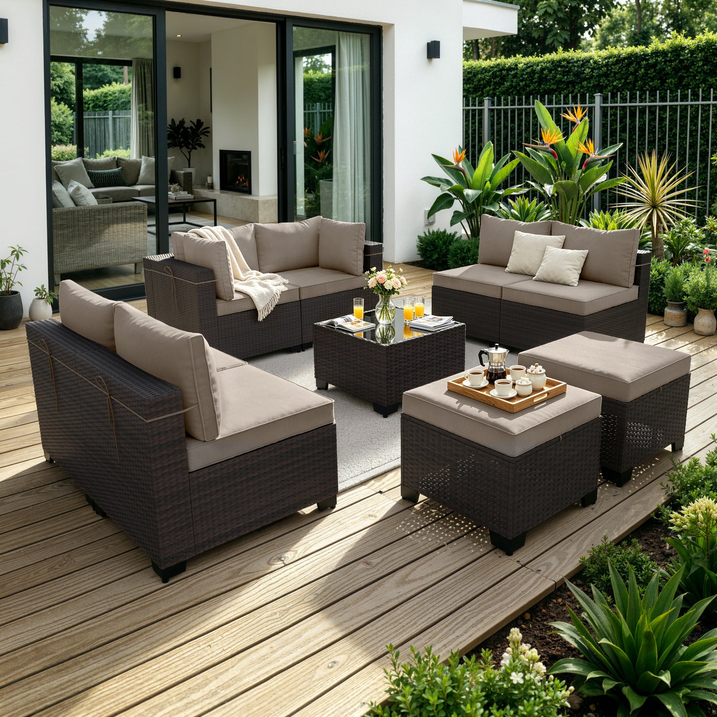 ALAULM 9PCS Outdoor Conversation Set, Thick Backrest Patio PE Rattan Wicker Sectional Sofas with Ottoman for Backyard, Porch, Sand