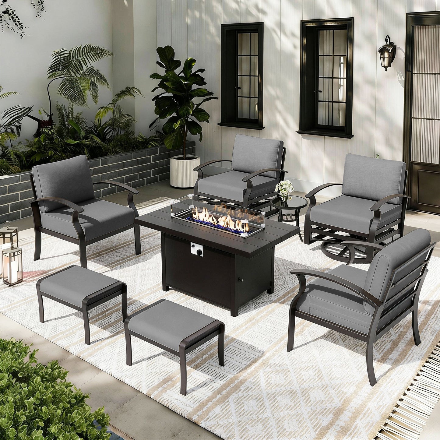 ALAULM 6-Seat Aluminum Patio Furniture Set, Outdoor Patio Conversation Set with Propane Fire Pit Table and 5.1" Cushions for Patio Backyard Poolside, Sand