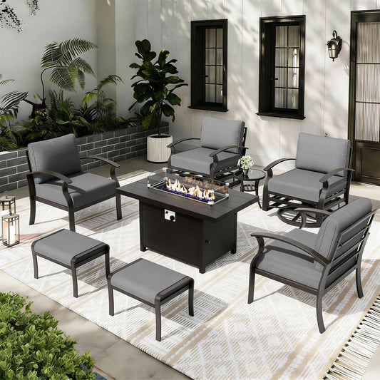 ALAULM 6-Seat Aluminum Patio Furniture Set, Outdoor Patio Conversation Set with Propane Fire Pit Table and 5.1" Cushions for Patio Backyard Poolside, Sand