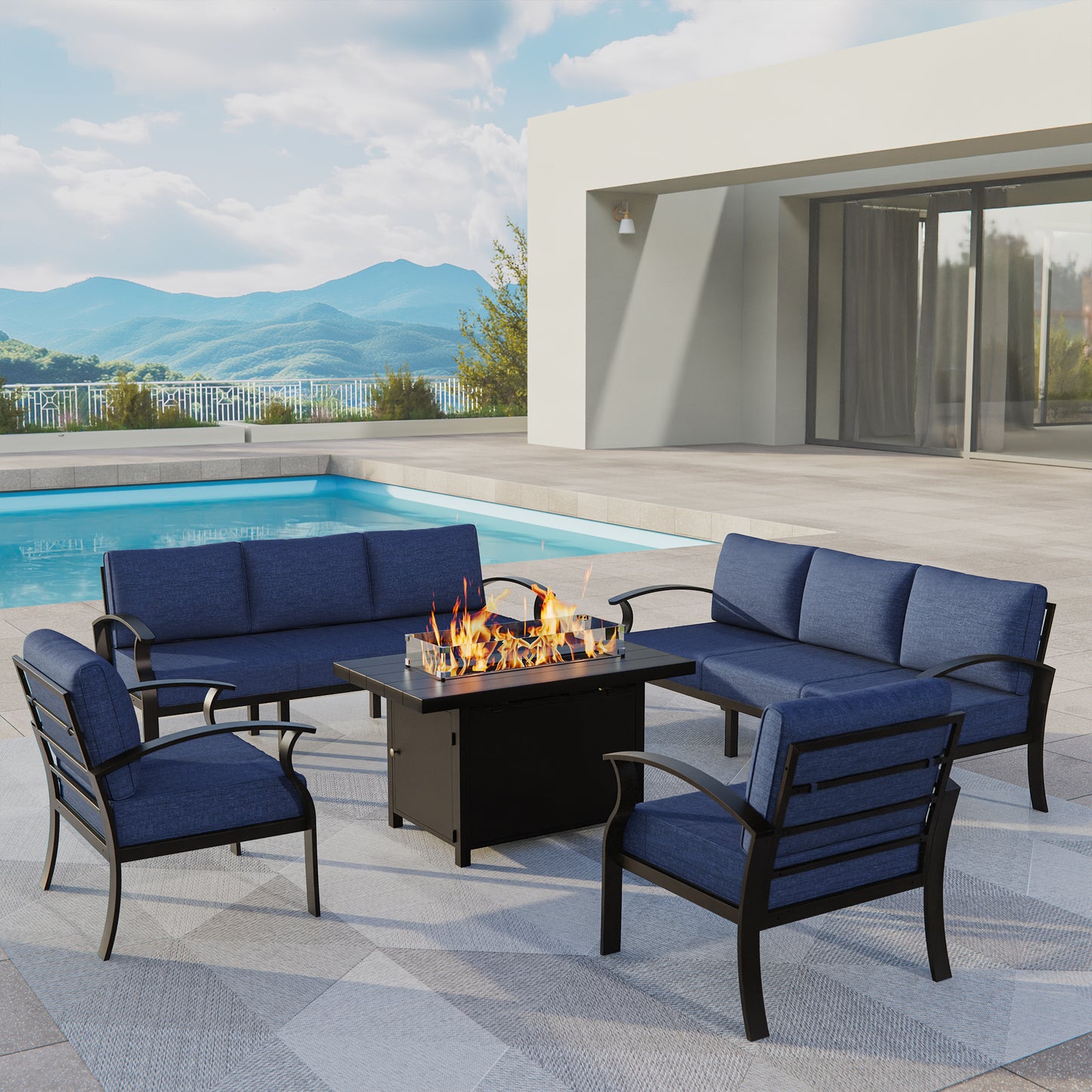 ALAULM Aluminum Patio Furniture Set with Propane Fire Pit Table 8-seat Metal Outdoor Furniture w/Fire Pit