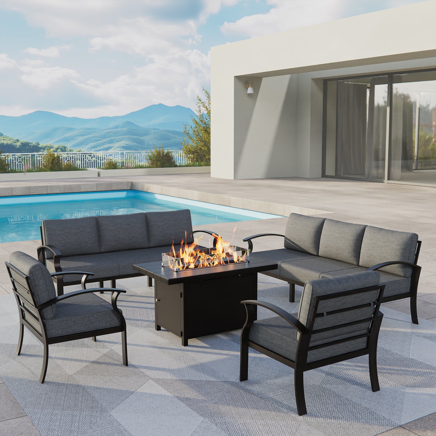 ALAULM Aluminum Patio Furniture Set with Propane Fire Pit Table 8-seat Metal Outdoor Furniture w/Fire Pit