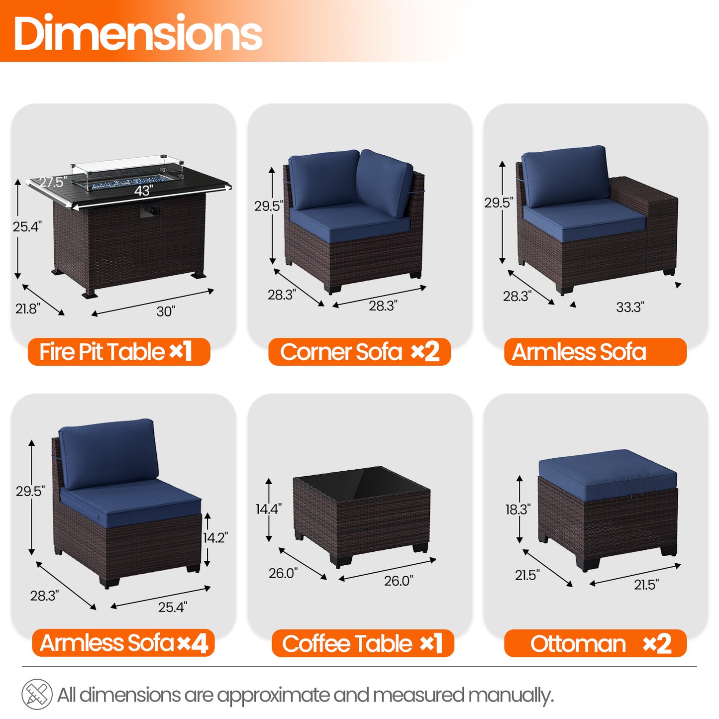 ALAULM 8PCS Outdoor Conversation Set, Wide Armrest Patio PE Rattan Wicker Sectional Sofas with Ottoman for Backyard, Porch, Sand