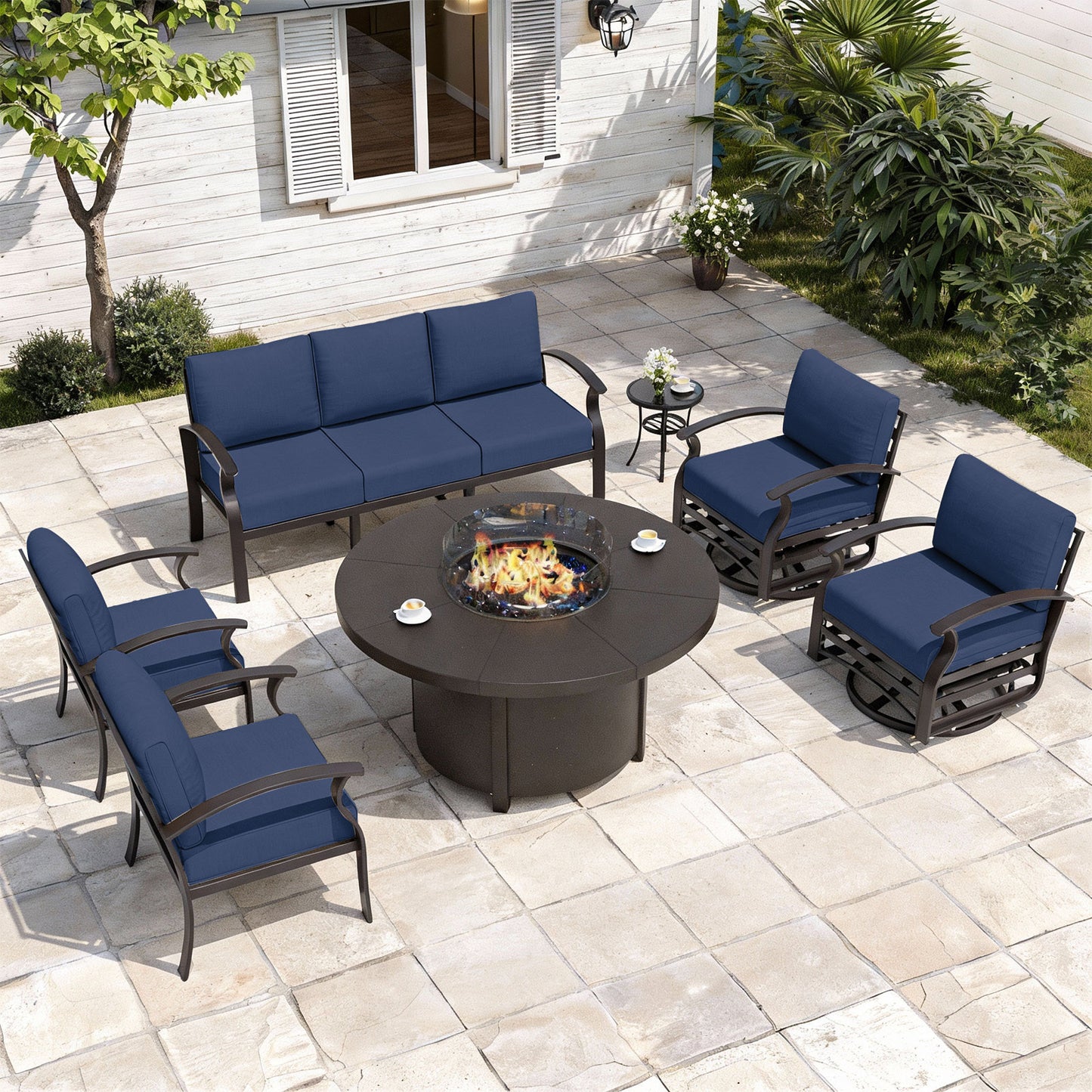ALAULM Aluminium Patio Furniture Set with Swivel Chairs, 7-Seater Metal Outdoor Furniture Patio Sectional Sofas Patio Conversation Set with 2 swivel chairs For Patio, Backyard, Poolside