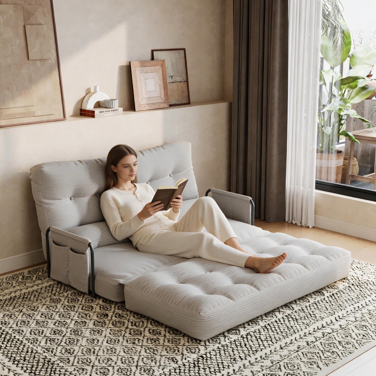 ALAULM Modern Two-Seater Folding Sofa Bed Convertible Sleeper Couch with Pillows, Storage Side, Versatile Floor Couch for Living Room Bedroom, White | Foldable, Comfortable, Multiple Usage