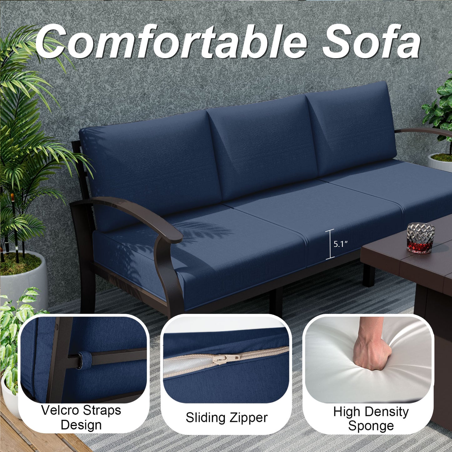 ALAULM 5-Seat Aluminum Patio Furniture Set, Outdoor Patio Conversation Set with Rectangular Metal Coffee Table and 5.1" Cushions for Patio Backyard Poolside，Sand