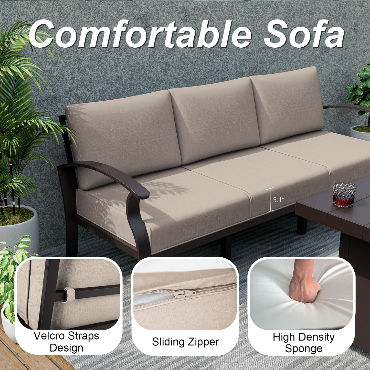 ALAULM 5-Seat Aluminum Patio Furniture Set, Outdoor Patio Conversation Set with Rectangular Metal Coffee Table and 5.1" Cushions for Patio Backyard Poolside，Sand