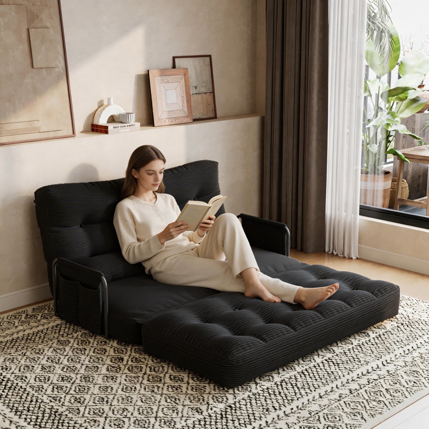 ALAULM Modern Two-Seater Folding Sofa Bed Convertible Sleeper Couch with Pillows, Storage Side, Versatile Floor Couch for Living Room Bedroom, White | Foldable, Comfortable, Multiple Usage