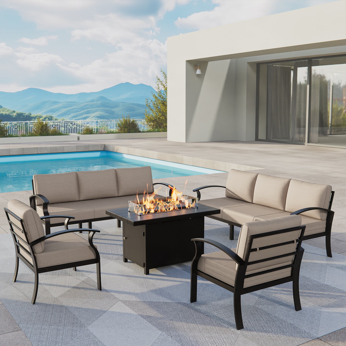 ALAULM Aluminum Patio Furniture Set with Propane Fire Pit Table 8-seat Metal Outdoor Furniture w/Fire Pit