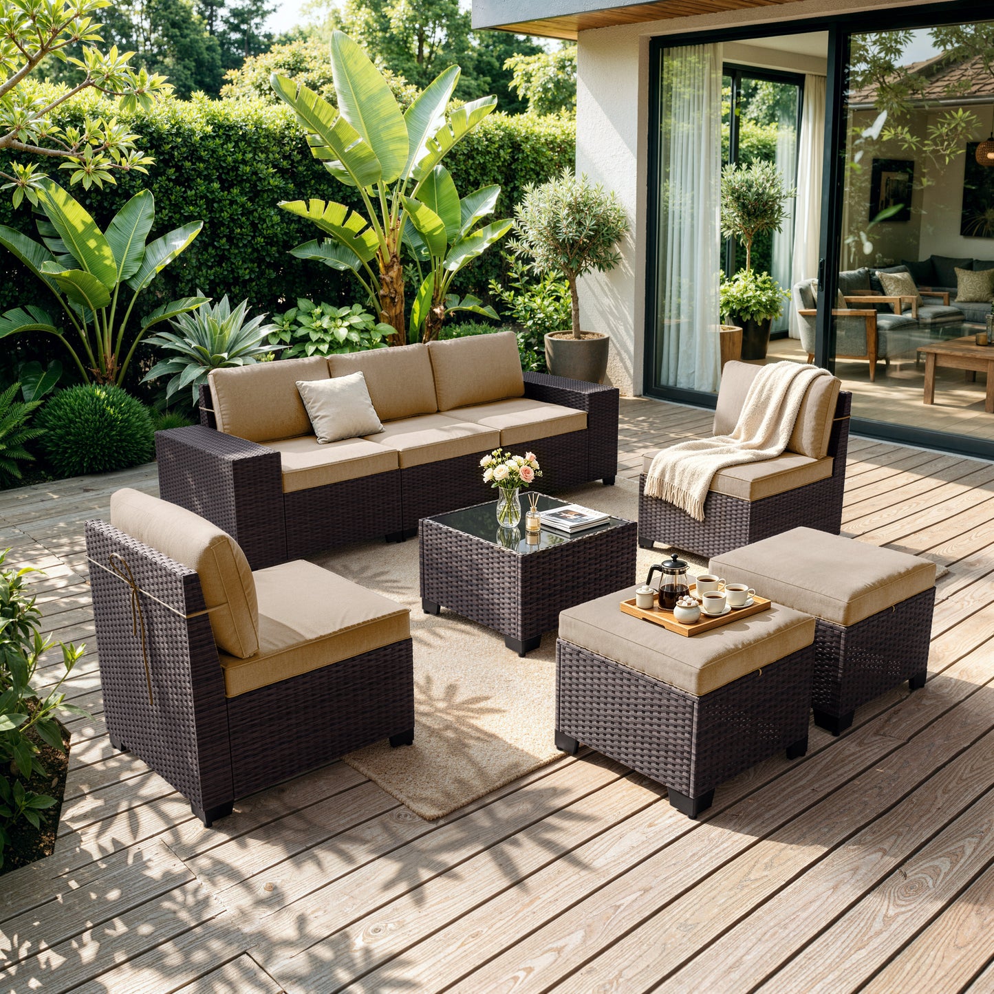 ALAULM 8PCS Outdoor Conversation Set, Wide Armrest Patio PE Rattan Wicker Sectional Sofas with Ottoman for Backyard, Porch, Sand