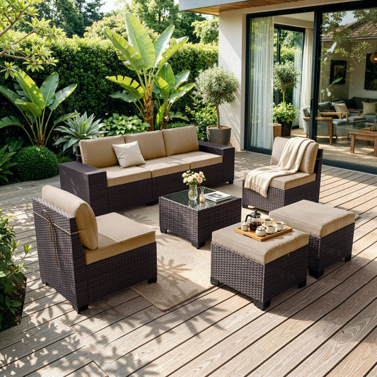 ALAULM 8PCS Outdoor Conversation Set, Wide Armrest Patio PE Rattan Wicker Sectional Sofas with Ottoman for Backyard, Porch, Sand