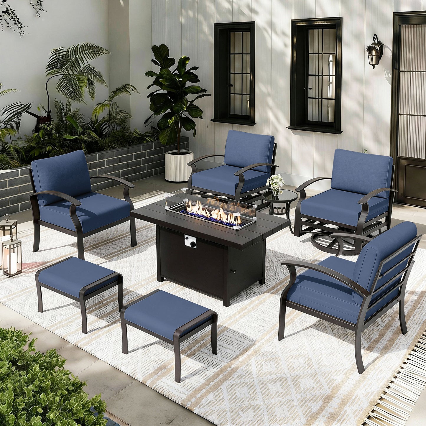 ALAULM 6-Seat Aluminum Patio Furniture Set, Outdoor Patio Conversation Set with Propane Fire Pit Table and 5.1" Cushions for Patio Backyard Poolside, Sand