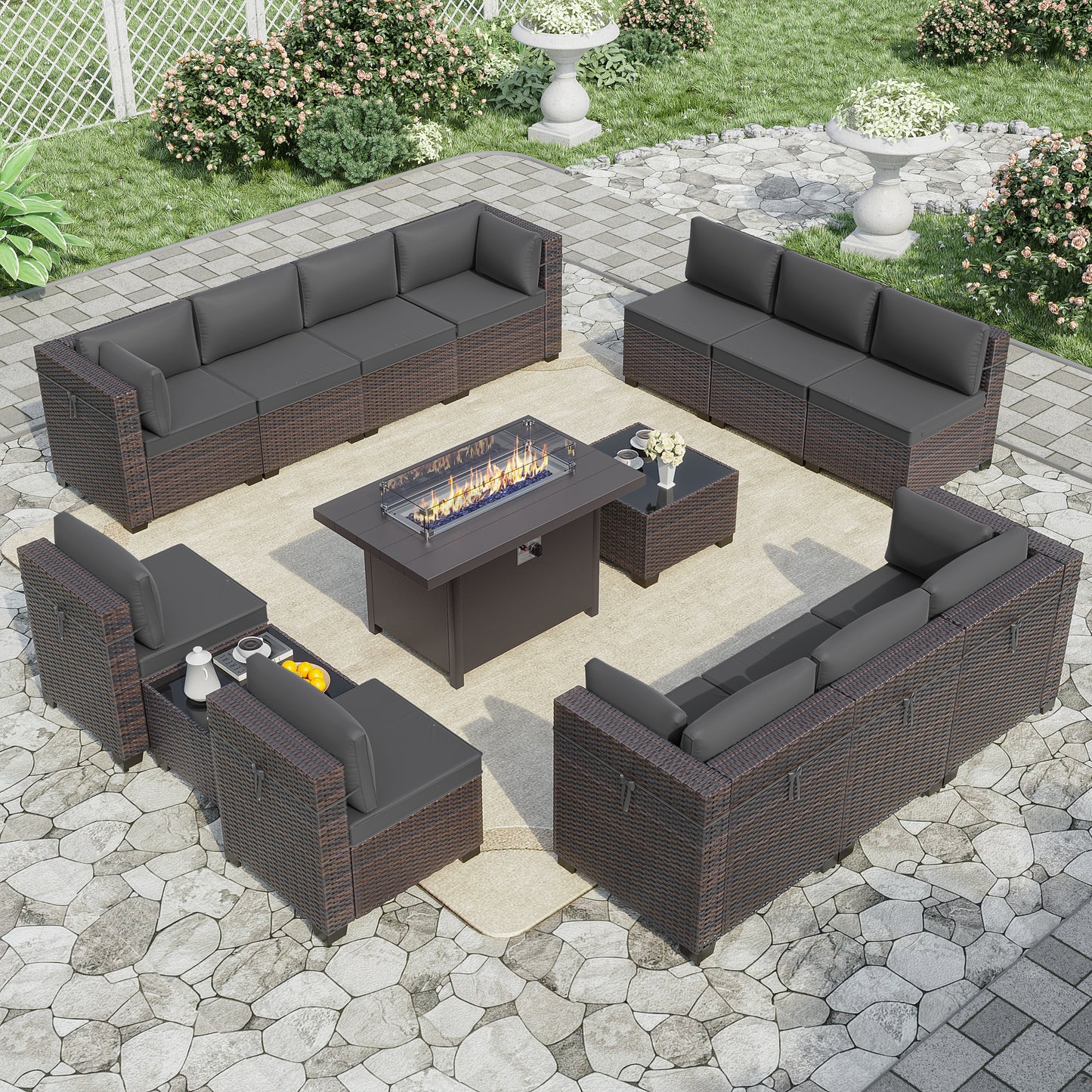 ALAULM 15-Piece Aluminum Weatherproof Outdoor Conversation Sets with Fire Pit Table, Blue/Brown