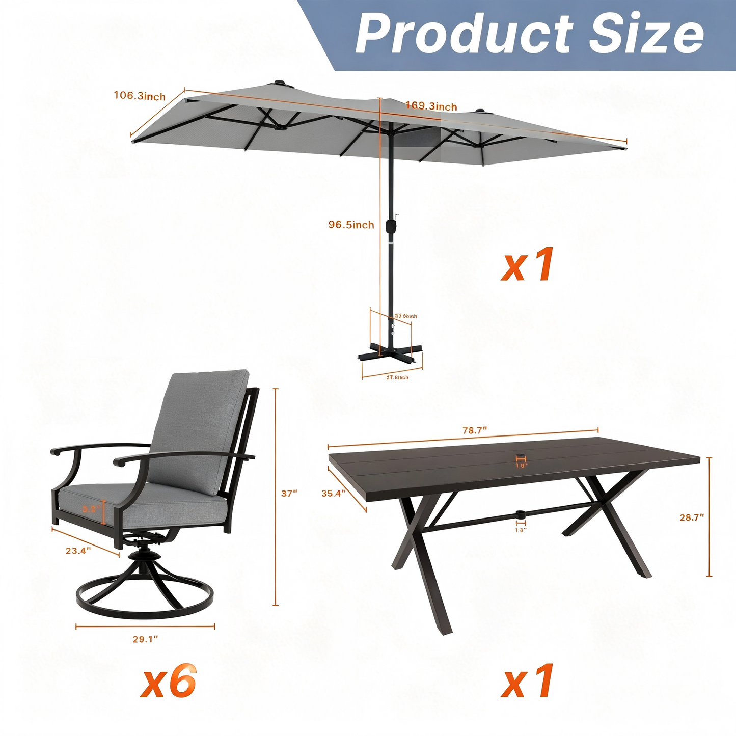 Gotland 8PCS Outdoor Patio Dining Set with 13.6ft Double-Sided Patio Umbrella, Patio Table and Chairs Metal Outdoor Patio Furniture Set, Dining Table Set with 6 Swivel Chairs