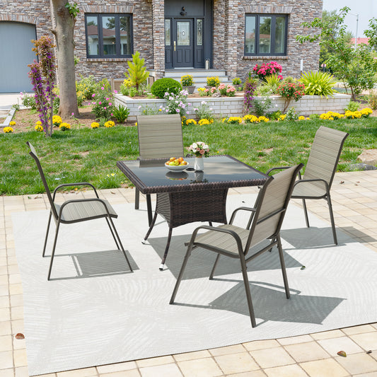 ALAULM 5 Pieces All Weather Patio Dining Set, 4 Stackable High Back Textilene Chairs with Metal Frame & Wicker Rattan Square Table, Outdoor Furniture Set for Backyard Garden Deck, Brown