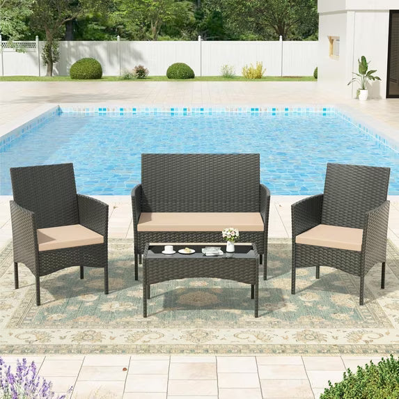 Kullavik 4 Pieces Outdoor Patio Furniture Set,PE Wicker Rattan Chairs Garden Conversation Sets with Tempered Glass Table and Soft Cushions for Lawn,Pool or Backyard,Navy Blue
