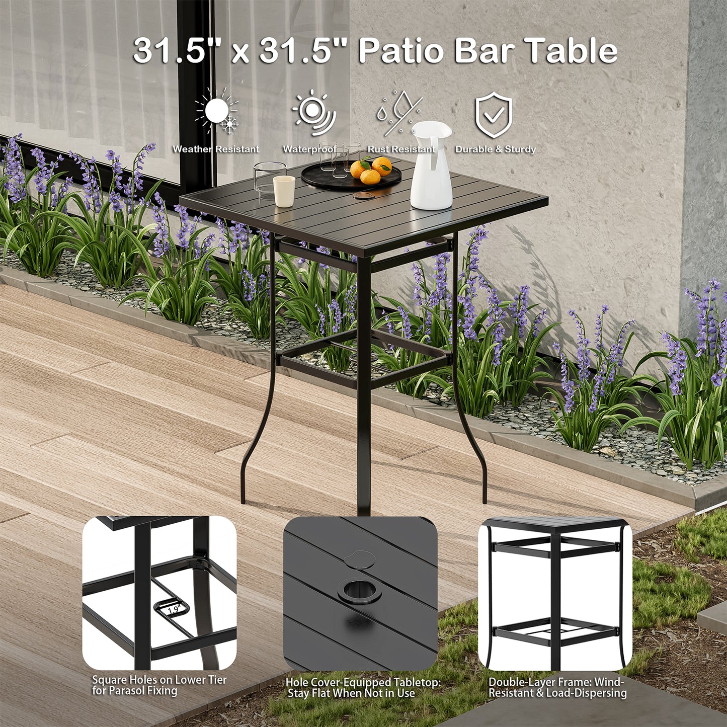 Gotland 5 Pieces Outdoor Swivel Bar Stools Set, All Weather Metal Patio Bar Height Table and Chairs Set, Outdoor High Top Bistro Set with 1 Table and 4 Chairs for Deck Lawn Garden