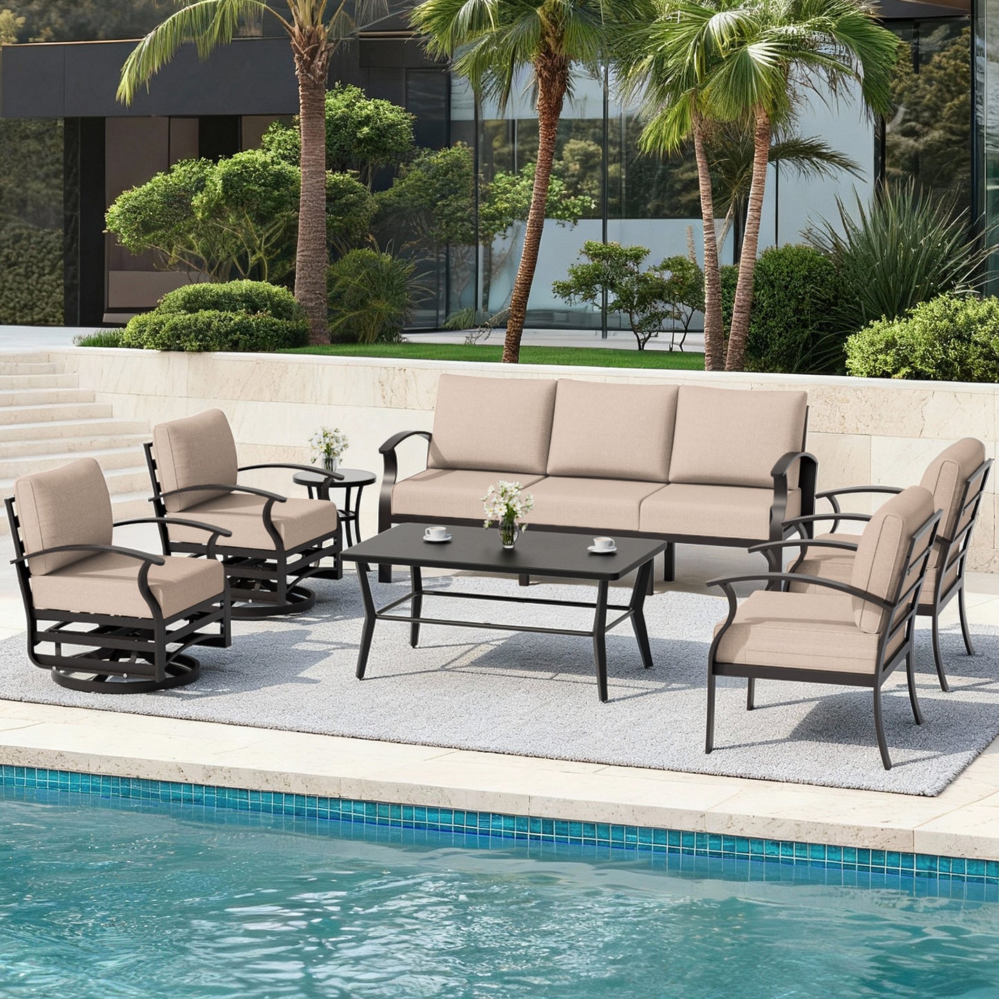 ALAULM 7-Seat Aluminum Patio Furniture Set, Outdoor Patio Conversation Set with Rectangular Metal Coffee Tables and 5.1" Cushions for Patio Backyard Poolside