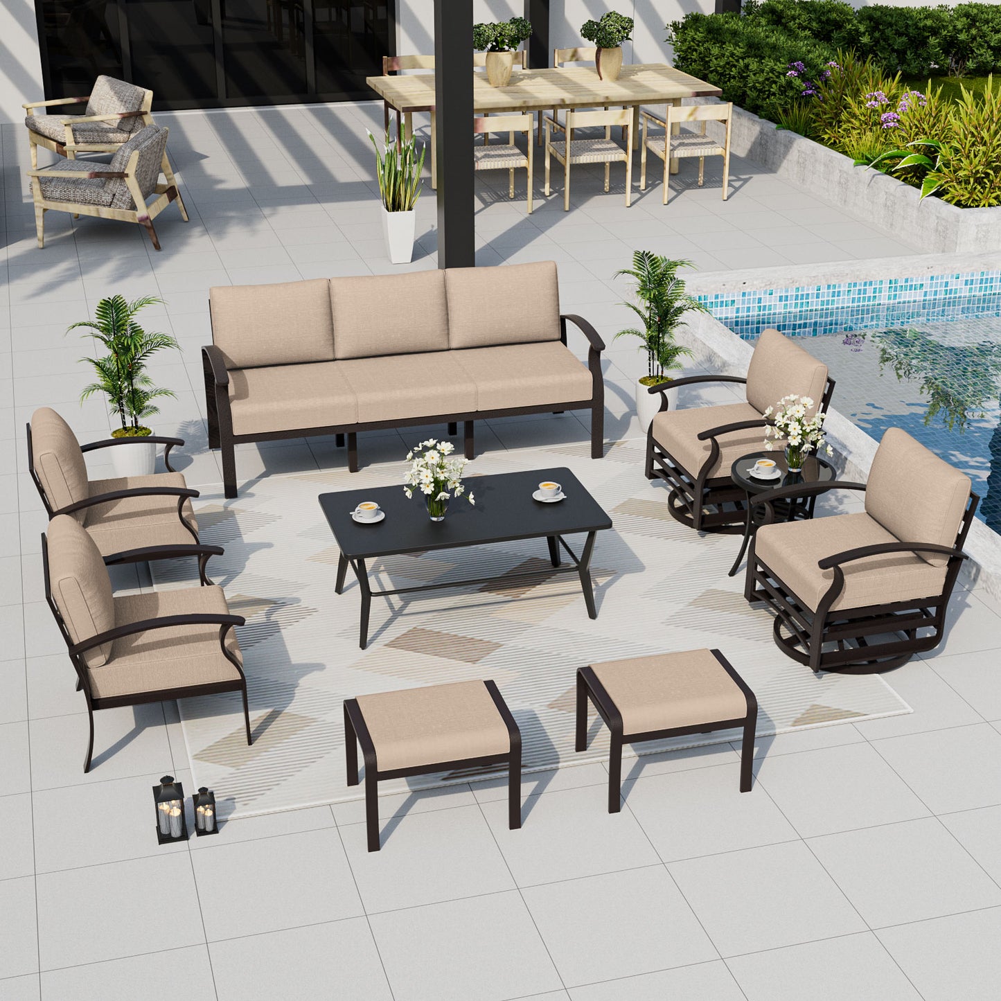 ALAULM 9-Seat Aluminum Patio Furniture Set, Outdoor Patio Conversation Set with Rectangular Metal Coffee Tables and 5.1" Cushions for Patio Backyard Poolside