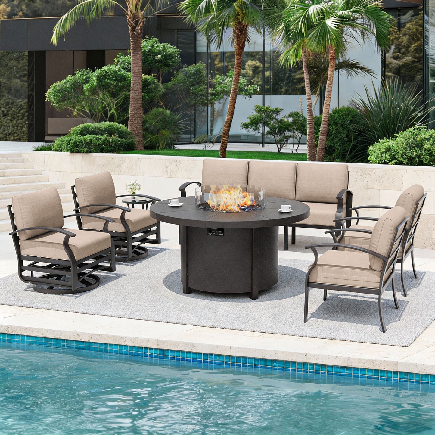 ALAULM Aluminium Patio Furniture Set with Swivel Chairs, 7-Seater Metal Outdoor Furniture Patio Sectional Sofas Patio Conversation Set with 2 swivel chairs For Patio, Backyard, Poolside