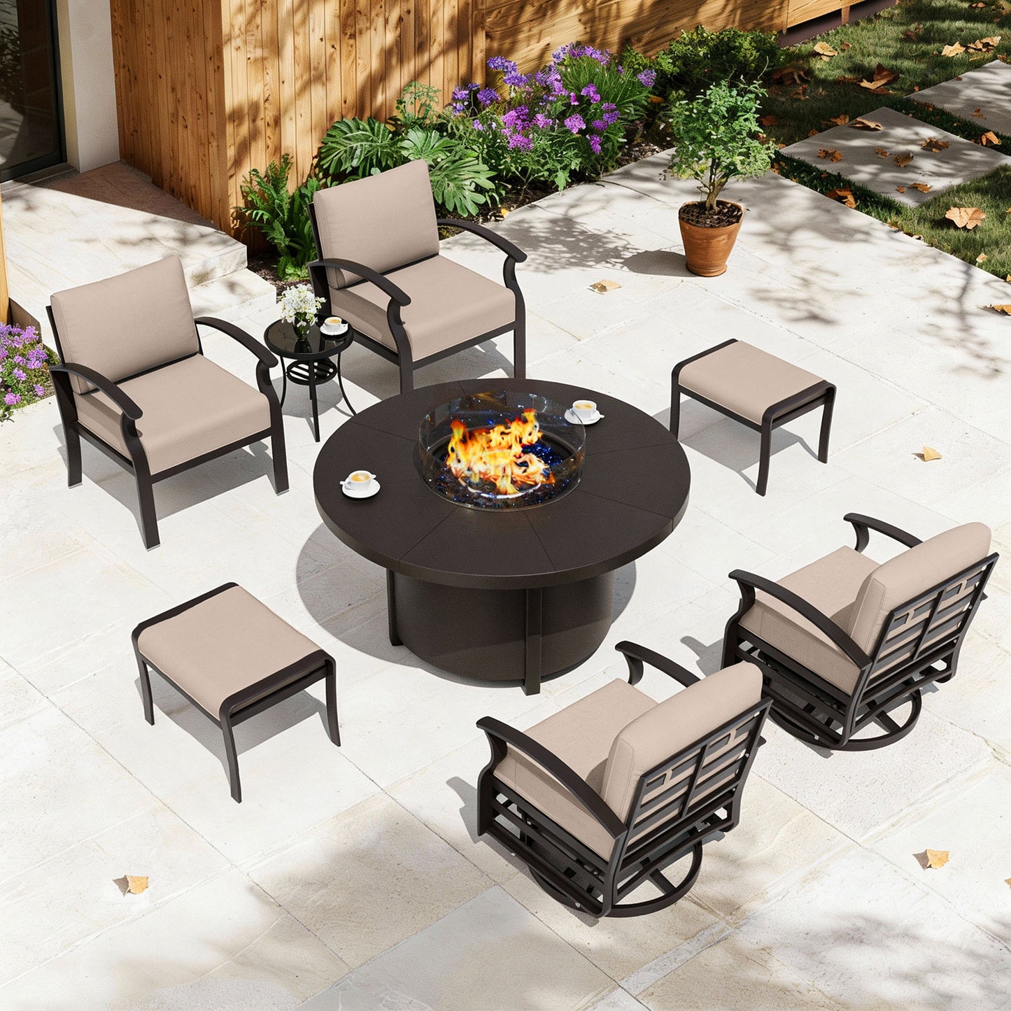 ALAULM Aluminium Patio Furniture Set with Swivel Chairs, 6-Seater Metal Outdoor Furniture Patio Sectional Sofas Patio Conversation Set with 2 Ottomans For Patio, Backyard, Poolside
