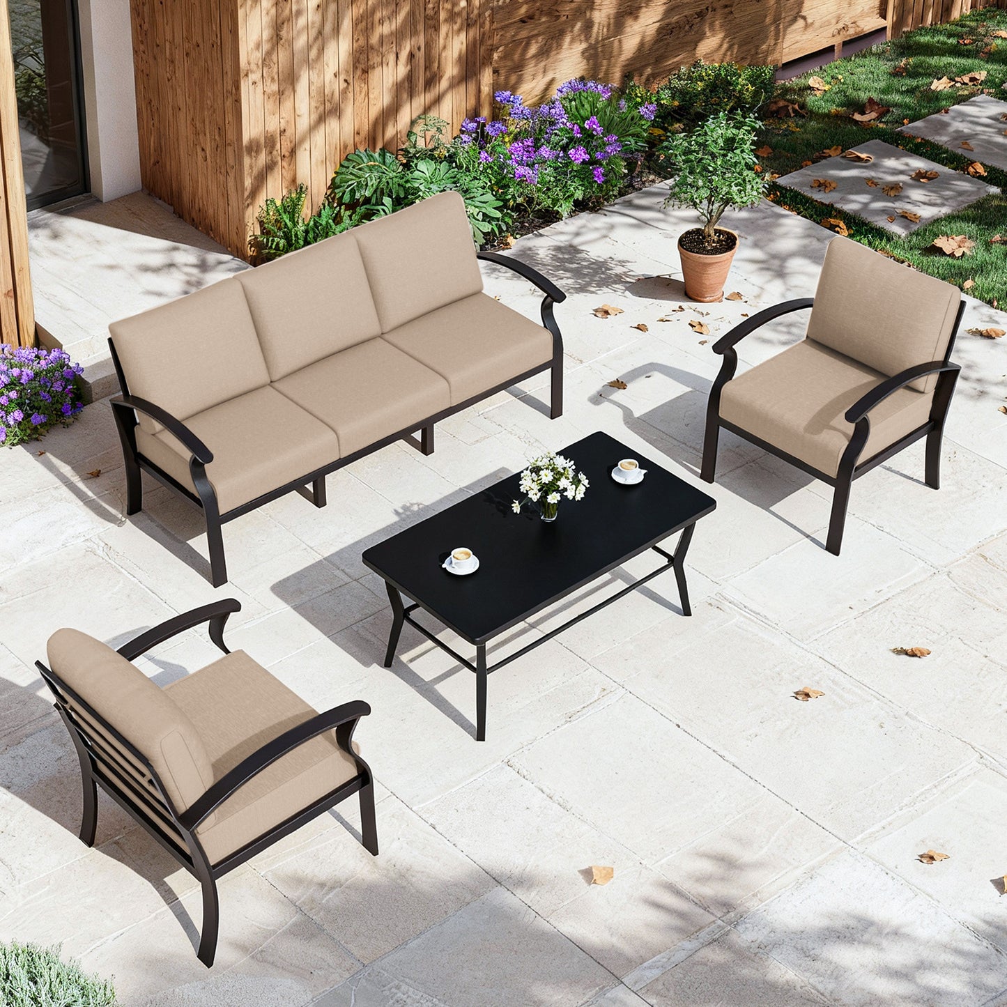 ALAULM 5-Seat Aluminum Patio Furniture Set, Outdoor Patio Conversation Set with Rectangular Metal Coffee Table and 5.1" Cushions for Patio Backyard Poolside，Sand