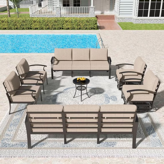 Gotland Aluminum Patio Furniture Set,7 Pieces 10 Seat Metal Outdoor Furniture Conversation Set w/Swivel Chairs