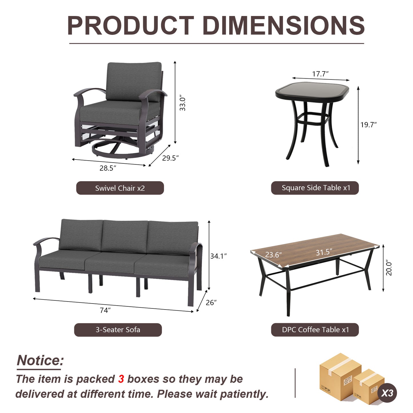 ALAULM Aluminum Patio Furniture Set with Coffee Table Rectangular, 5-seat Outdoor Sectional Furniture w/2 Swivel Chairs, Patio Conversation Set for Porch, Backyard, Poolside