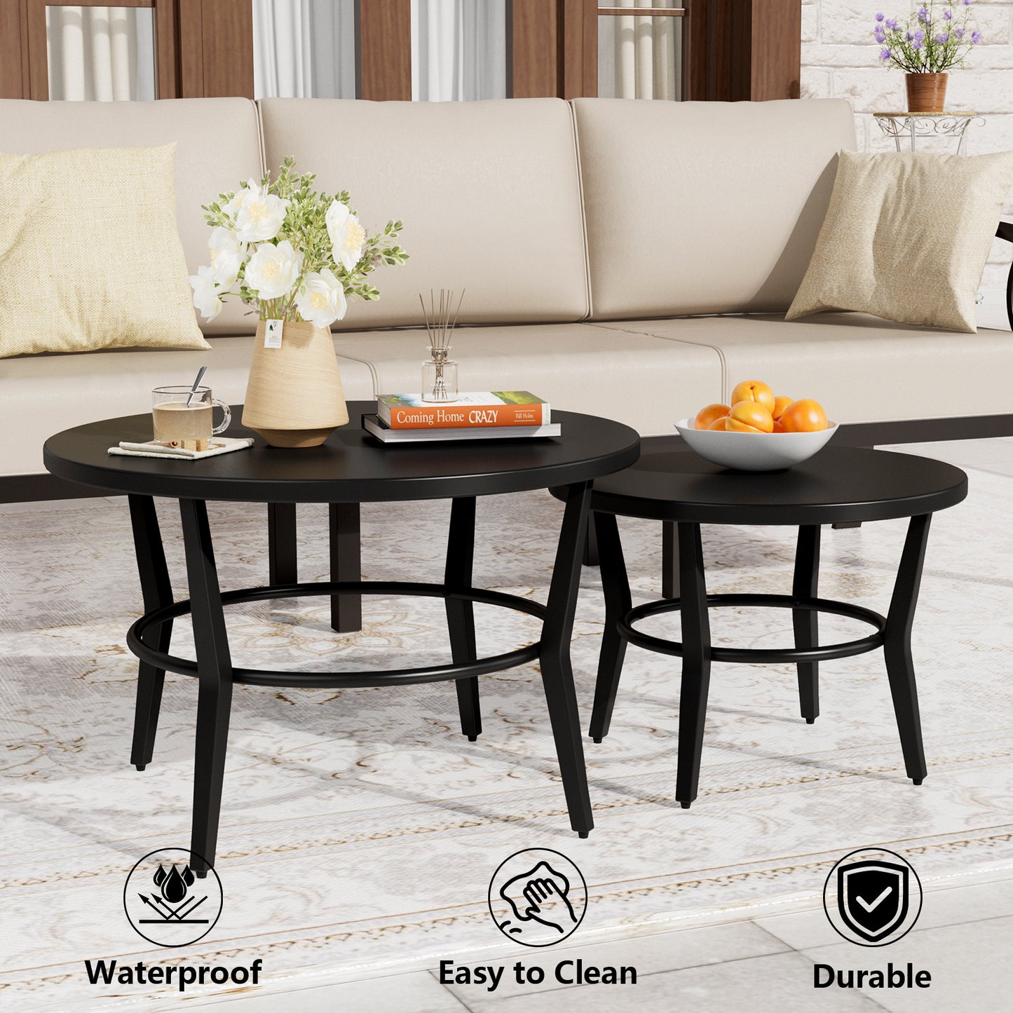 ALAULM Outdoor Black Nesting Round Coffee Table Set, 2PCS Space-Saving Solution for Patio, poolside & porch