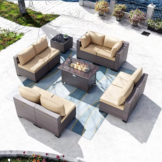 Gotland Outdoor Patio PE Rattan Wicker Furniture Set with 43" Propane Fire Pit Table 10 Pieces Steel
