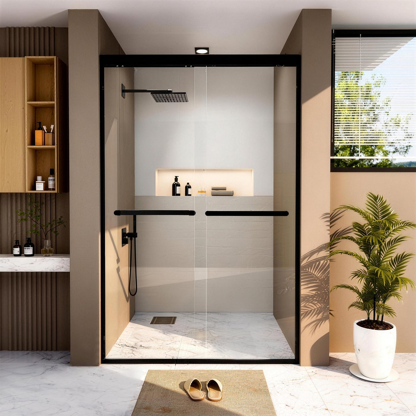 ALAULM Shower Door 44-48" W x 72" H Semi-Frameless Bypasss Bathroom Glass Shower Double Sliding Doors,1/4" (6mm) Clear SGCC Tempered Glass with Explosion-Proof Film, Black