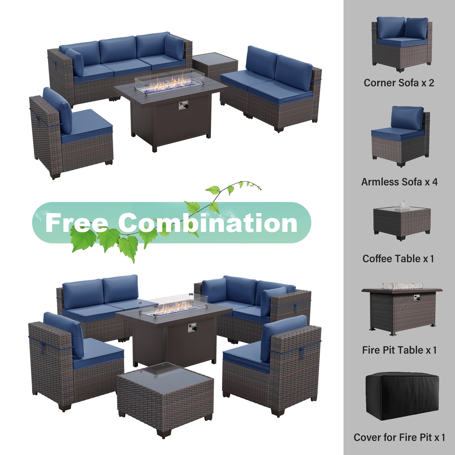 ALAULM 8 Pcs Patio Furniture Set withStainless Steel Gas Fire Pit Table, Brown/Blue