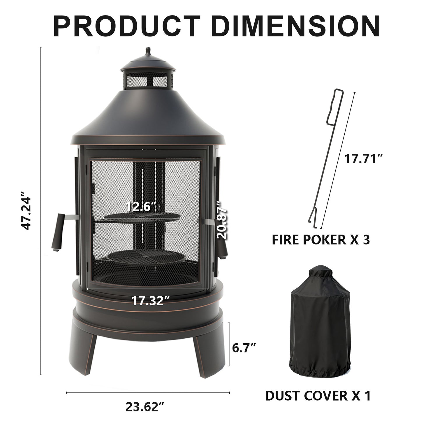 ALAULM Metal Chiminea Fire Pit with Grill, 2 in 1 Firepit with Adjustable Grill Tray & Mesh Spark Screen Door, 3-Door Multi-Access Fireplace for Patio, Garden & Backyard