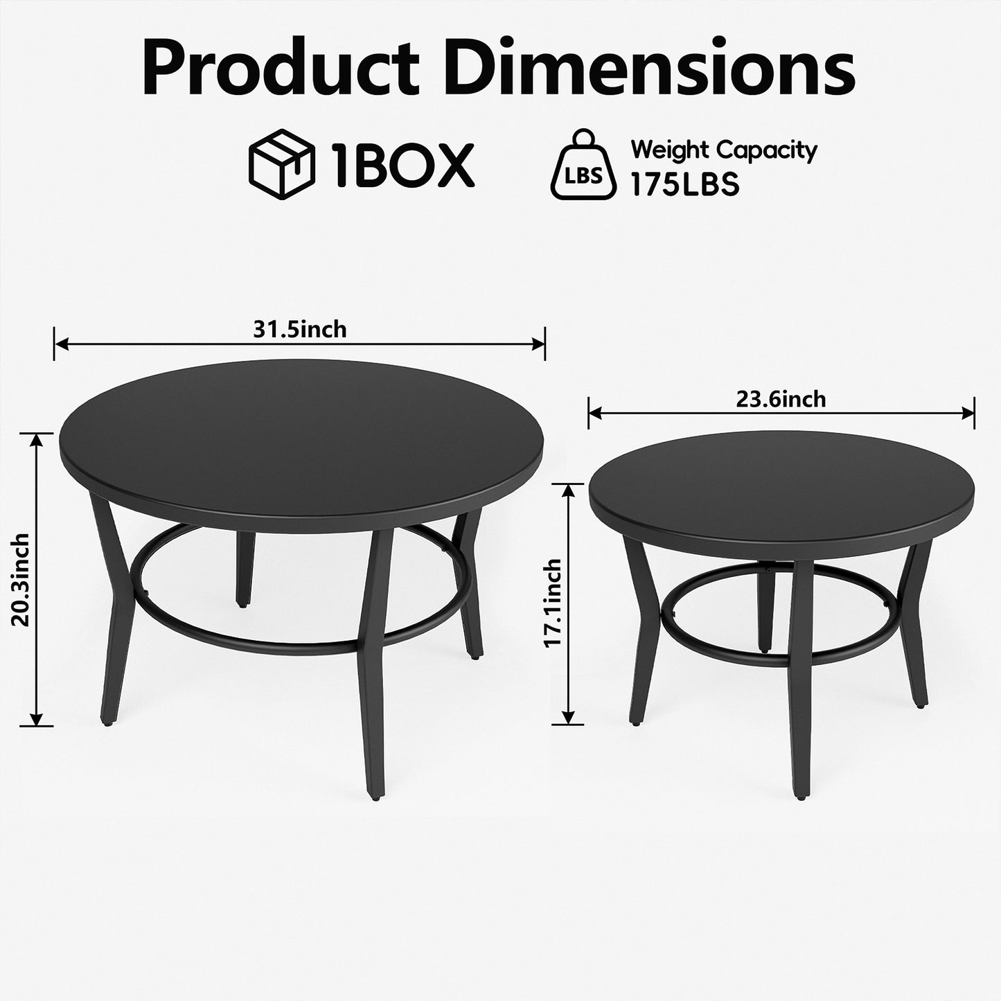 ALAULM Outdoor Black Nesting Round Coffee Table Set, 2PCS Space-Saving Solution for Patio, poolside & porch
