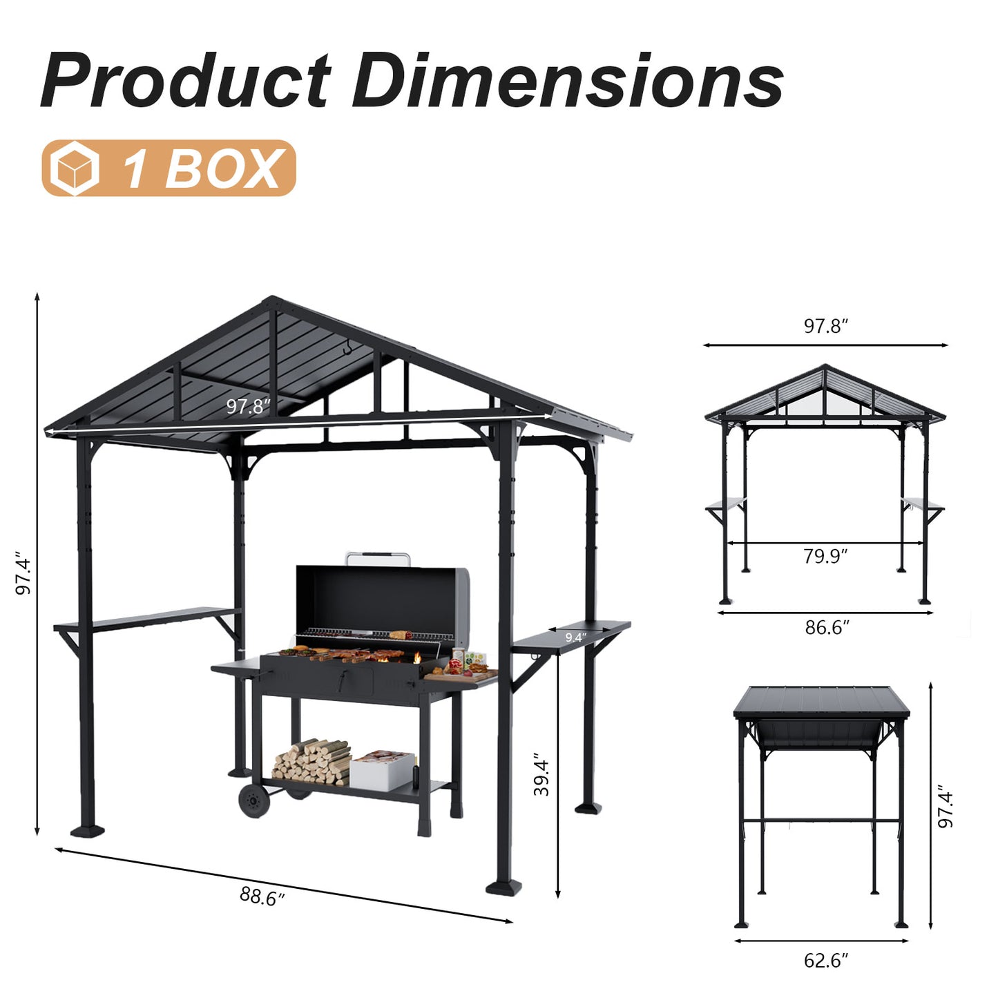 ALAULM 8'x 5' Hardtop Grill Gazebo, Outdoor BBQ Metal Roof Canopy with 2 Metal Side Shelves & 5 Tool Hooks for Patio, Garden, Backyard, Poolside (Black)