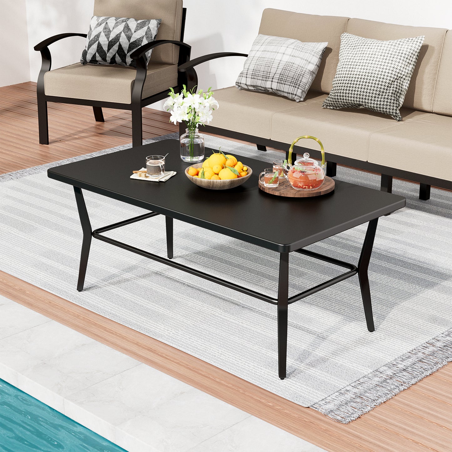 ALAULM Outdoor Modern Black Rectangular Coffee Table - Sturdy Design for Patio, poolside & porch