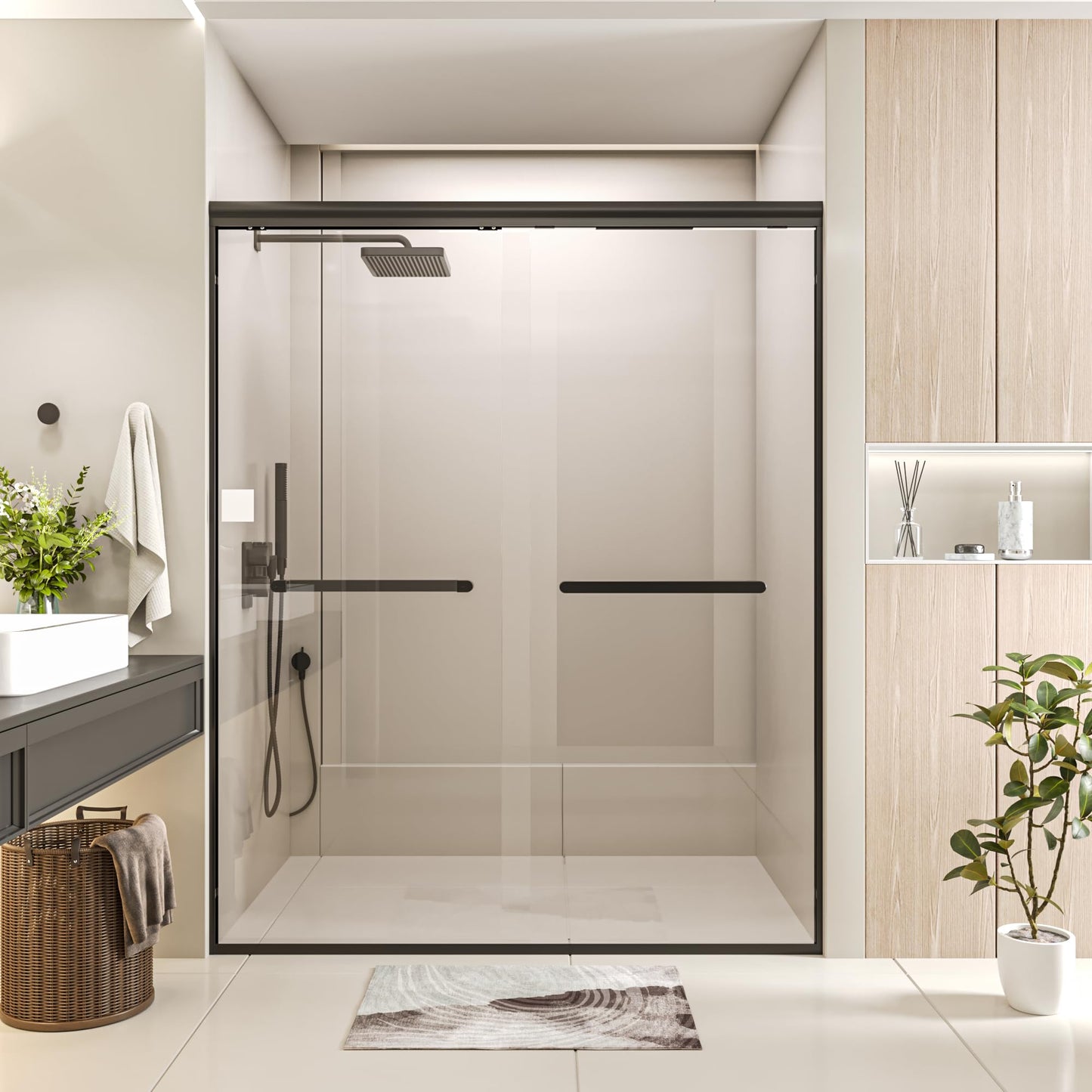 Gotland 44-48" W x 72" H Semi-Frameless Bypasss Bathroom Glass Shower Double Sliding Doors,1/4" (6mm) Clear SGCC Tempered Glass Stainless Steel Hardware Waterproof Seal Explosion-Proof Film