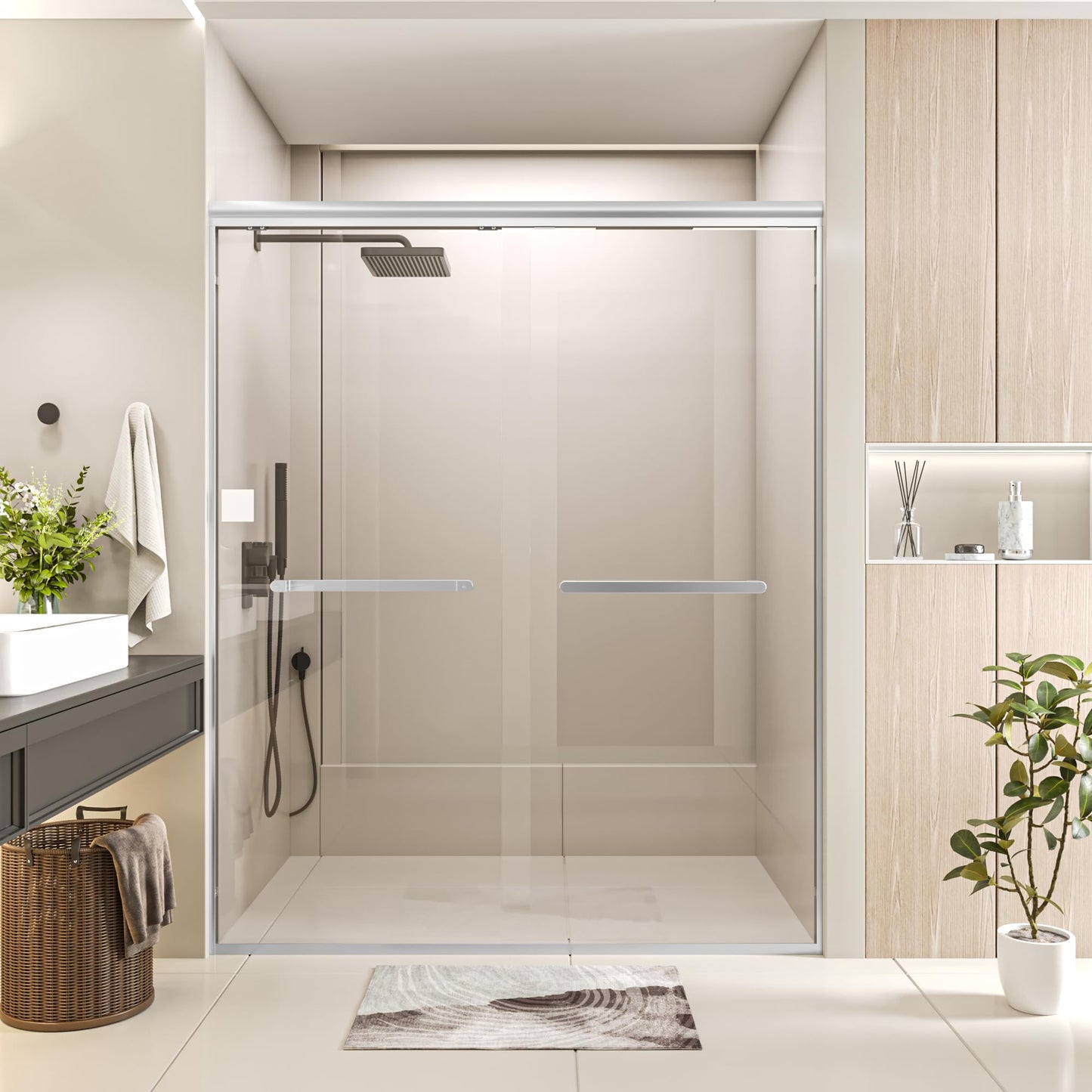 Gotland 44-48" W x 72" H Semi-Frameless Bypasss Bathroom Glass Shower Double Sliding Doors,1/4" (6mm) Clear SGCC Tempered Glass Stainless Steel Hardware Waterproof Seal Explosion-Proof Film