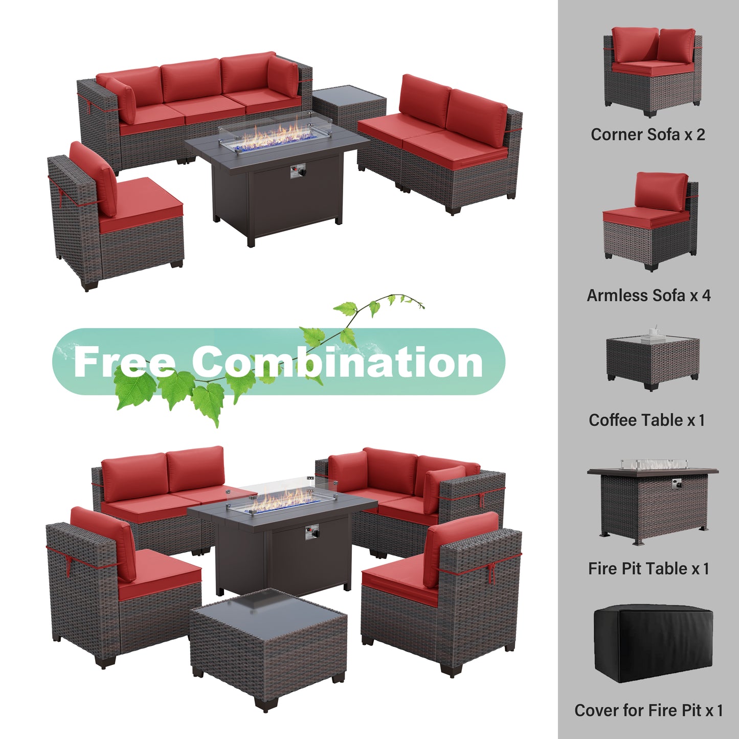 ALAULM 8 Pcs Patio Furniture Set withStainless Steel Gas Fire Pit Table, Brown/Blue