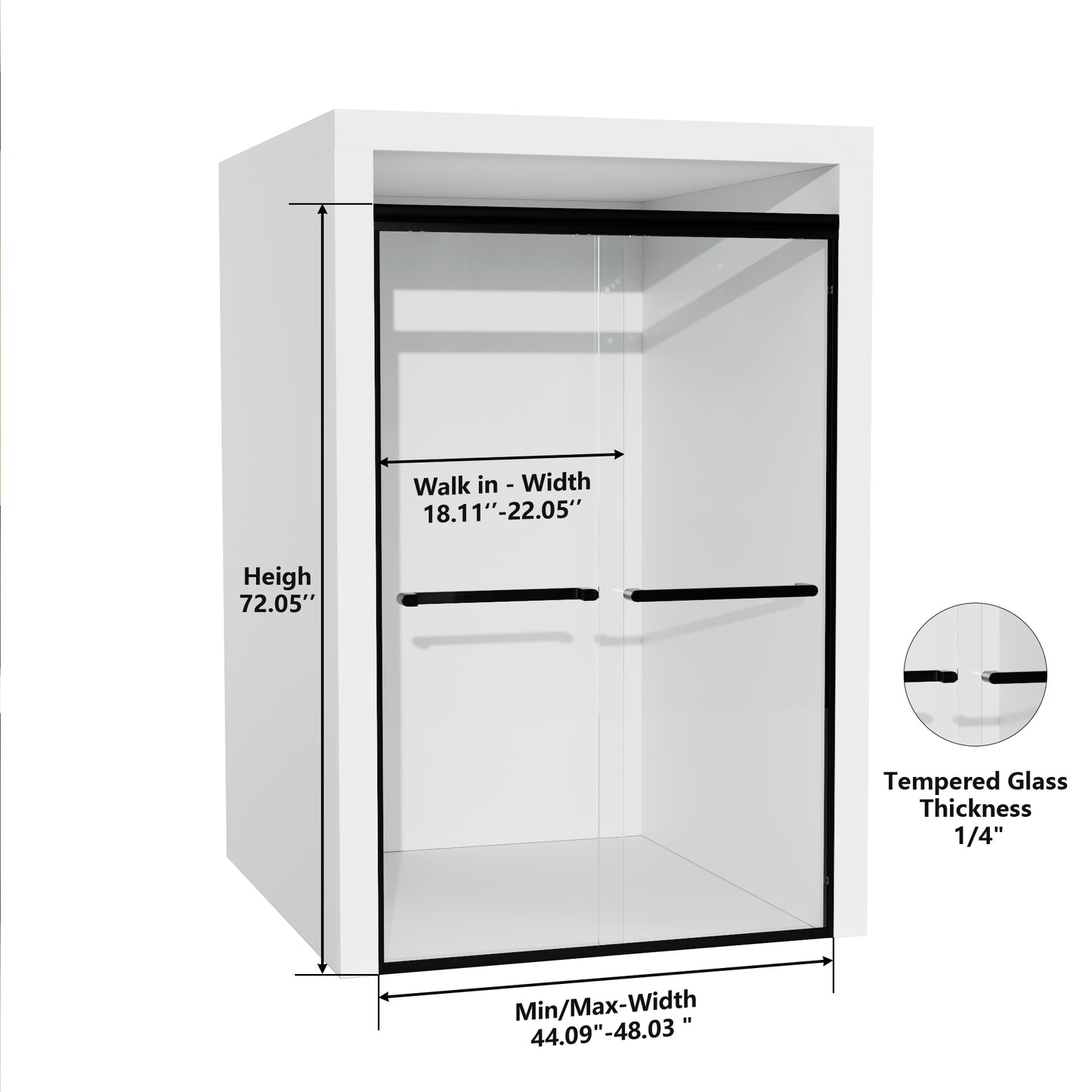 ALAULM Shower Door 44-48" W x 72" H Semi-Frameless Bypasss Bathroom Glass Shower Double Sliding Doors,1/4" (6mm) Clear SGCC Tempered Glass with Explosion-Proof Film, Black