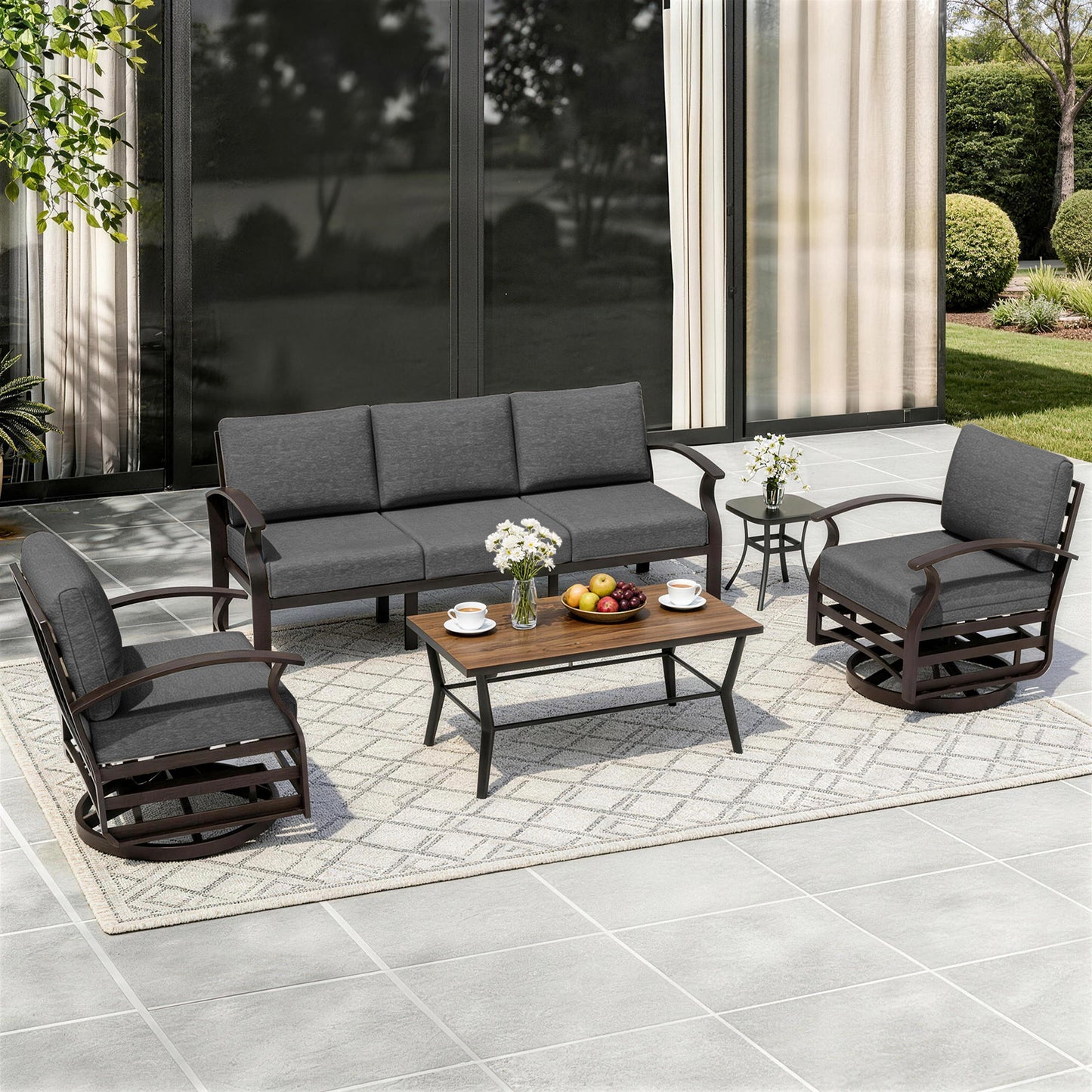 ALAULM Aluminum Patio Furniture Set with Coffee Table Rectangular, 5-seat Outdoor Sectional Furniture w/2 Swivel Chairs, Patio Conversation Set for Porch, Backyard, Poolside